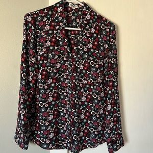 Express blouse size medium - black with purple floral print and roll up sleeves